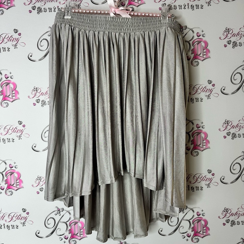 Topshop Metallic Silver High-Low Skirt shiny shimmer flowy grey stretchy luxe